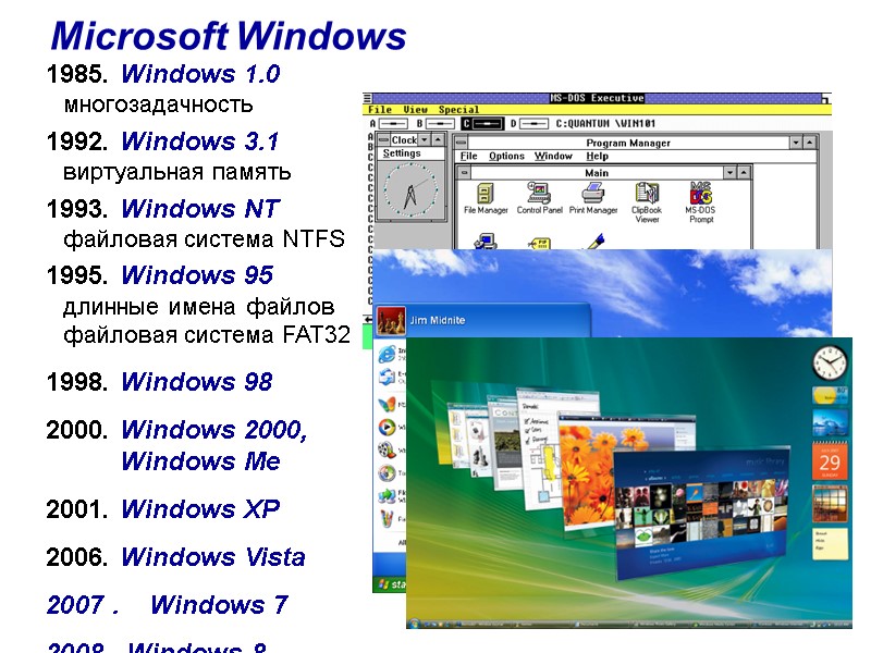 1985. Windows 1.0 многозадачность 1992. Windows 3.1 виртуальная память 1993. Windows NT файловая система